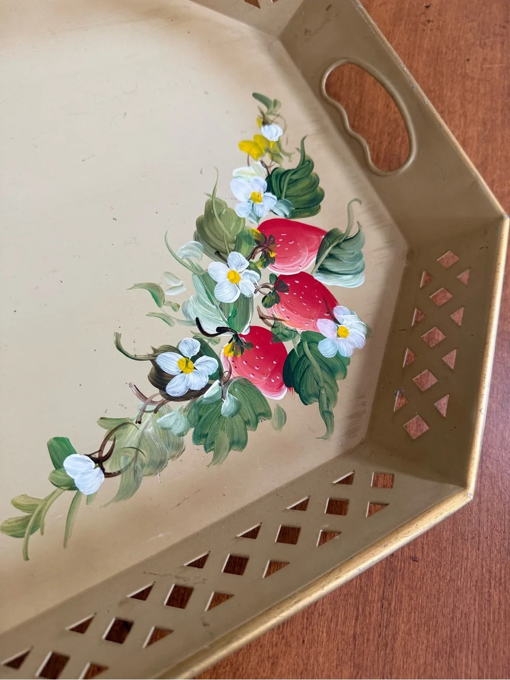 Vintage Nashco Tolware Metal Hand Painted Serving Tray with Strawberry Motif